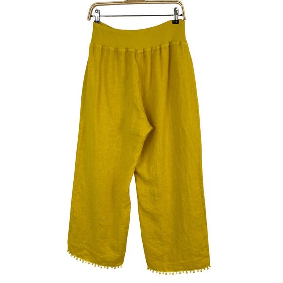 Anthropologie Wide‎ Leg Linen Cropped Pants Women L Yellow Pom Pom Trim Pull On - Picture 2 of 12